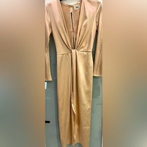 Brand New Satin Dress Deep V-Neck Long Sleeve High Split Midi Dress Size Small